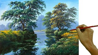 Acrylic Landscape Painting in Timelapse  The Rivers Water Reflections  JMLisondra [upl. by Elehcor]