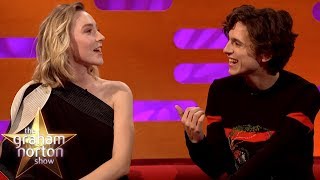 Saoirse Ronan amp Timothée Chalamet Joke About Pronouncing Timothée Chalamet [upl. by Gnni121]