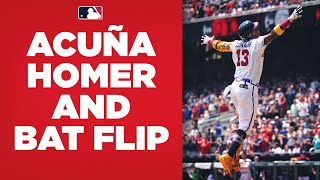 Ronald Acuña Jr homers and celebrates with EPIC bat flip [upl. by Festus]