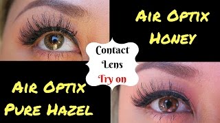 Air Optix Colors Try On Honey amp Pure Hazel on Dark Brown Eyes HD  MaryMelzTV [upl. by Lithea]