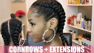 Two Cornrows on Natural Hair  Extensions [upl. by Ecneitap]