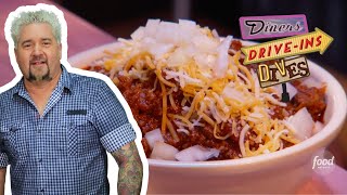 Guy Fieri Eats State Champ CHILI at The Diner in OK  Diners DriveIns and Dives  Food Network [upl. by Yanahc]