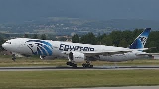 FullHD EgyptAir Boeing 777300ER landing taxi and takeoff at GenevaGVALSGG [upl. by Akin]