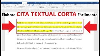 CÓMO HACER UNA CITA TEXTUAL CORTA  MUESTRO EJEMPLO  NORMAS APA [upl. by Nimesay]