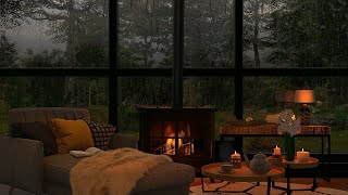 Cozy room ambience ASMR🌙 Rain on window sounds with crackling fire for sleep study relaxation [upl. by Kerge]