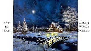 Snowy Winter Night STEP by STEP Acrylic Painting ColorByFeliks [upl. by Soracco609]