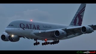 Qatar Airways Airbus A380861 sunset landing at London Heathrow 09L [upl. by Lledor697]