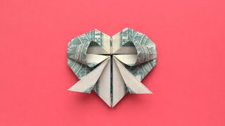 My MONEY HEART WITH BOW  Dollar Origami for Valentines Day  Tutorial DIY by NProkuda [upl. by Sinoda]