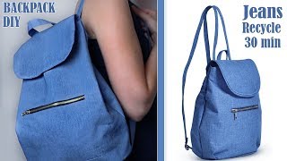 DIY OLD JEANS RECYCLE INTO CUTE BACKPACK TUTORIAL  Handmade Backpack Idea 30 min [upl. by Acirederf377]