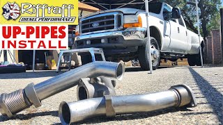 2001 F350 73  RiffRaff UpPipes Install  Stock up pipes leaking and falling apart JUNK SP [upl. by Nerred693]