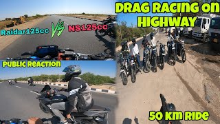 Drag Racing On Highway  Tvs Raidar 125cc VS Ns125cc  Public Reaction😍 50km Ridemotovlog [upl. by Mcnelly]