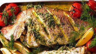 Whole Baked Fish  Herb Stuffed with Garlic Butter Dill Sauce [upl. by Susi]