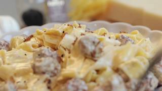 Fettucine in alfredo sauce with meatballs and black truffles [upl. by Yngiram]