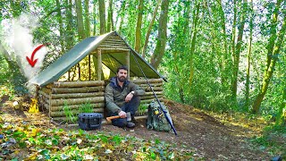 SURVIVAL SHELTER WITH FIREPLACE  2 Days Solo Bushcraft in the woods [upl. by Rochester]