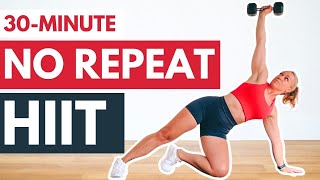 30 Minute NO REPEAT Full Body Dumbbell HIIT [upl. by Ibrad]