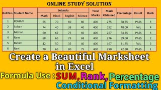 How to Create Beautiful Marksheet in Excel  formula  Conditional formatting Rank Percentage SUM [upl. by Monson]