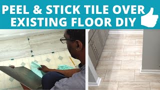 How To Install Peel amp Stick Tile Over Tile Existing Bathroom Vinyl Floor  DIY Power Couple [upl. by Aicitel]