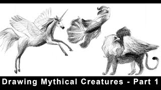 Drawing Mythical Creatures  Part 1  Unicorn  Pegasus Mermaid Gryffon [upl. by Ocirrej]